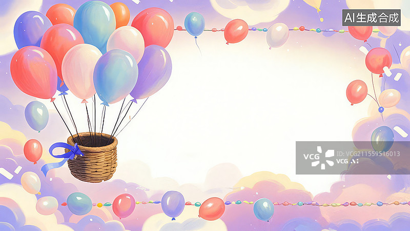 【AI数字艺术】2D卡通环绕-气球鲸游记 浅薰衣草气球狐狸鲸鱼厚涂手绘童话壁纸图片素材