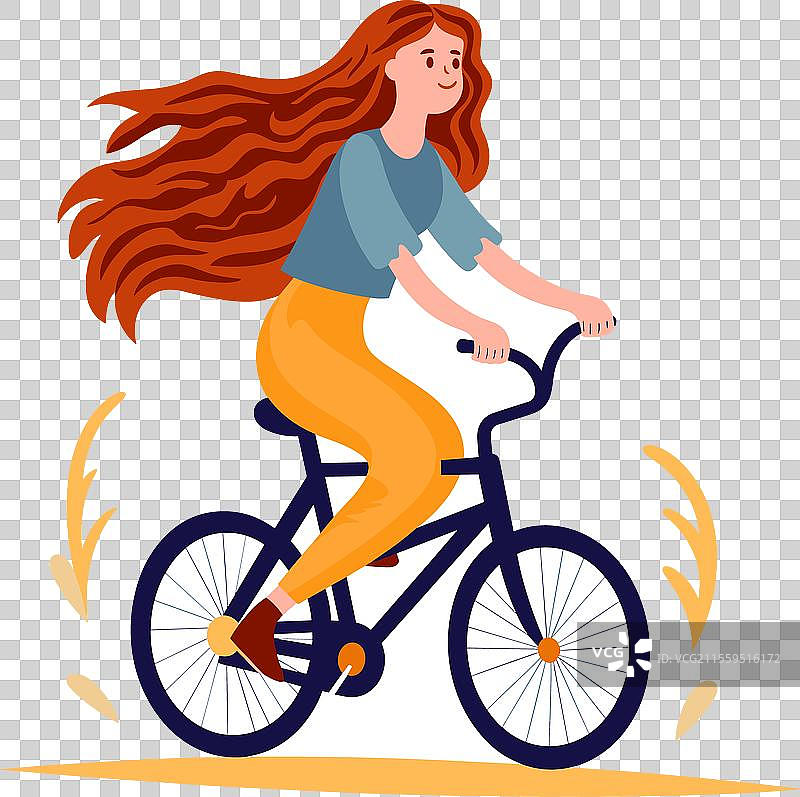 年轻女性骑自行车，长长的红发随风飘扬，穿着休闲。图片素材