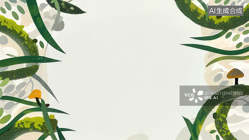 【AI数字艺术】2D卡通两侧-苔藓计时器 苔藓绿蘑菇沙漏拓印手绘自然复古装饰壁纸图片素材