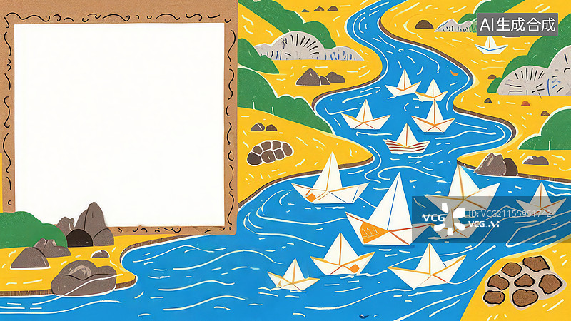 【AI数字艺术】纸船运河 牛皮纸黄折纸船队鸭子船长手绘怀旧壁纸图片素材
