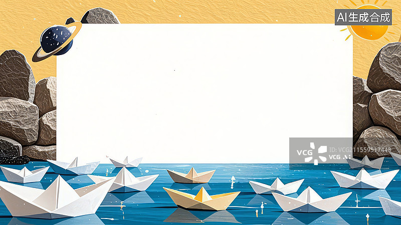 【AI数字艺术】2D卡通环绕-纸船运河 牛皮纸黄折纸船队鸭子船长手绘怀旧壁纸图片素材