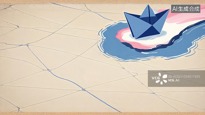 【AI数字艺术】2D卡通右上-纸船时光河 牛皮纸黄纸船小女孩拓印手绘怀旧装饰壁纸图片素材