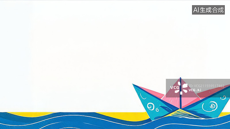 【AI数字艺术】2D卡通居下-纸船时光河 牛皮纸黄纸船小女孩拓印手绘怀旧装饰壁纸图片素材