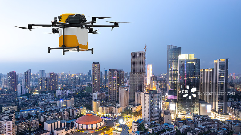 无人机在现代城市景观中物流运输图片素材