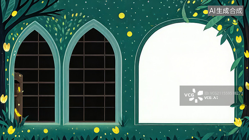 【AI数字艺术】2D卡通居左-萤火虫图书馆 墨绿萤火虫猫头鹰书页手绘夜晚装饰壁纸图片素材