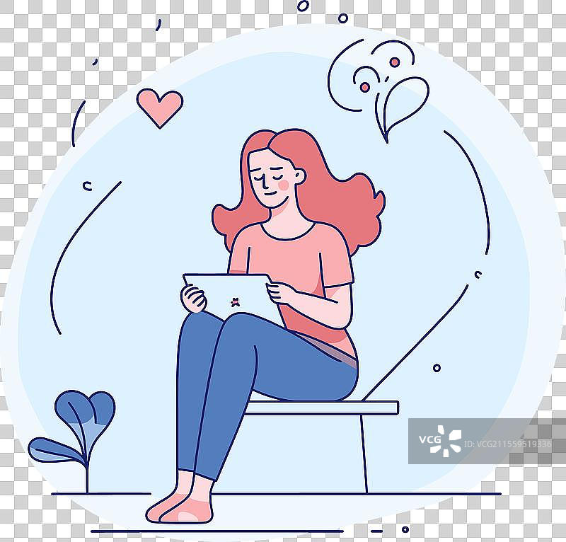 年轻女性坐在长椅上使用平板电脑图片素材