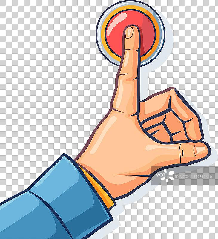 手按红色按钮的卡通风格图形图片素材