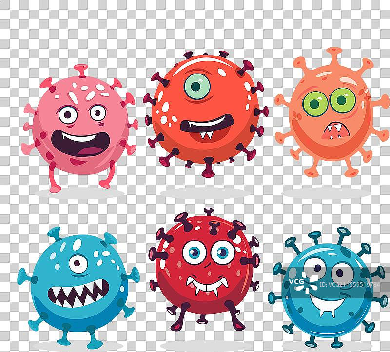 六个卡通病毒角色展示各种各样的情绪图片素材