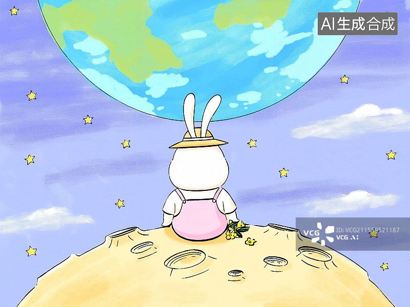 【AI数字艺术】玉兔坐在月球上望着地球 中秋节 儿童漫画绘画 插画背景元素素材图片素材