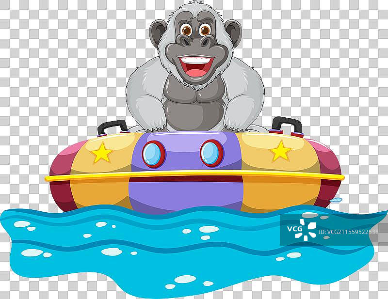 一只快乐的猩猩在色彩斑斓的碰碰船上玩耍图片素材