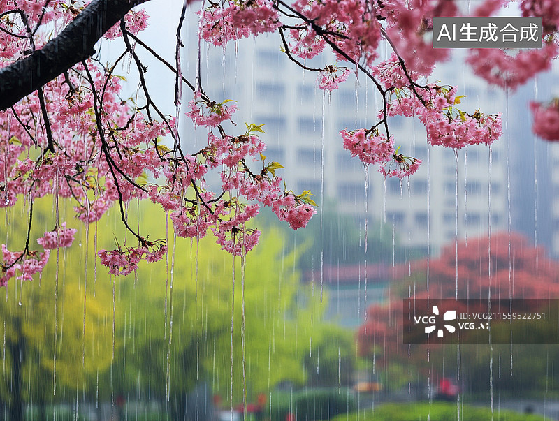【AI数字艺术】雨中盛开的樱花图片素材