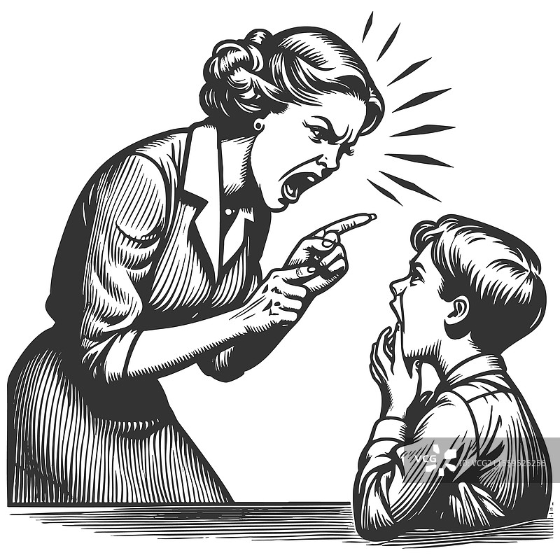 愤怒的母亲在训斥年轻的儿子图片素材