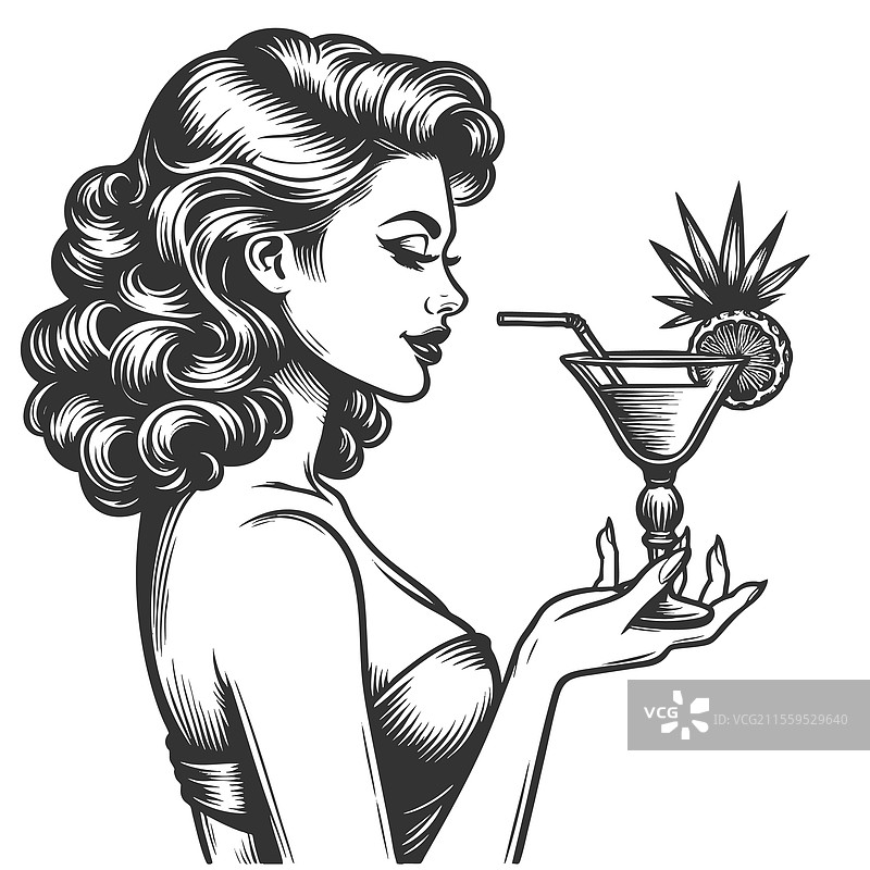 热带女性享受鸡尾酒的雕刻画图片素材