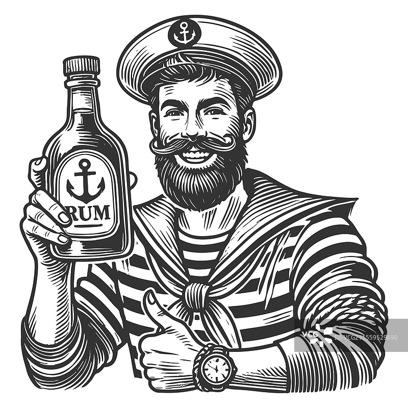 水手从瓶子中饮酒的雕刻图片素材