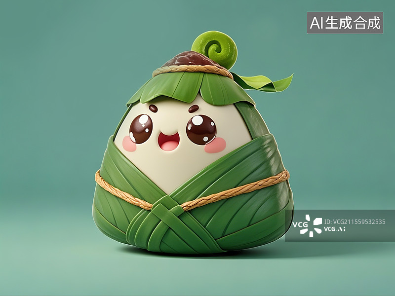 【AI数字艺术】可爱粽子精灵萌趣3D建模粽子角色豆沙眼睛配荷叶披风端午节喜庆吉祥物图片素材