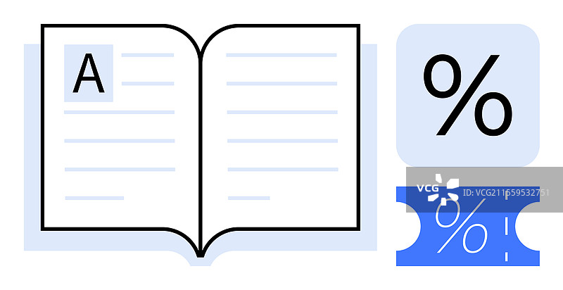 打开的书，里面有一个大字母和百分比图片素材