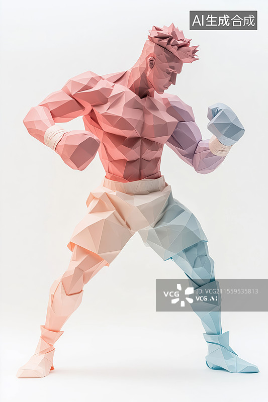 【AI数字艺术】肌肉健壮的男性拳击运动员3D立体折纸模型图片素材