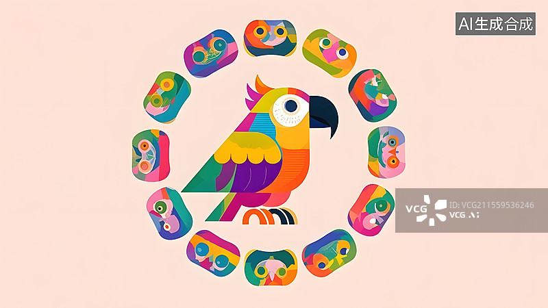 【AI数字艺术】2D卡通鹦鹉扁平化趣味绘本插画图片素材