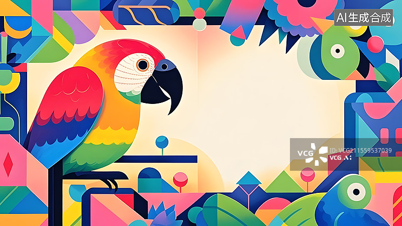 【AI数字艺术】2D卡通鹦鹉扁平化趣味绘本插画居左图片素材