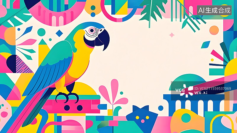 【AI数字艺术】2D卡通鹦鹉扁平化趣味绘本插画居左图片素材