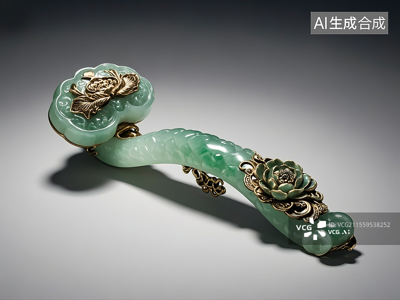 【AI数字艺术】精美3D雕刻翡翠如意杖配铜质牡丹花纹镶嵌超写实图片素材