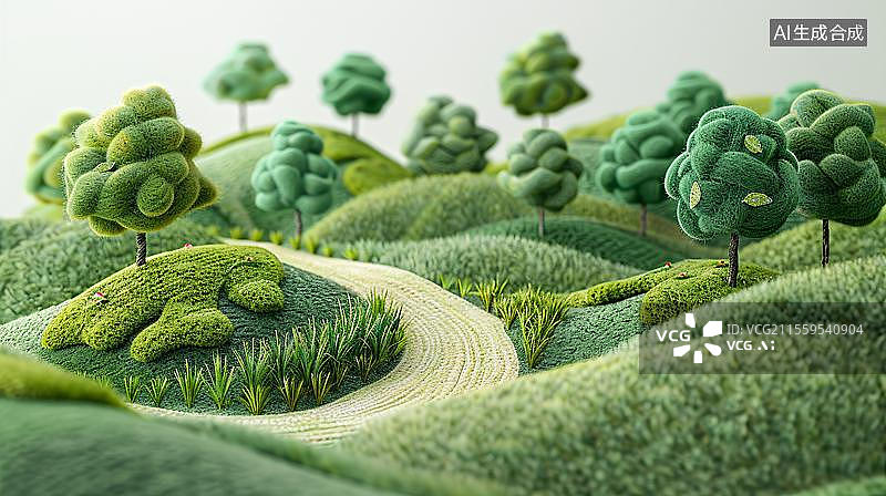 【AI数字艺术】绿意盎然的童话世界  绿色山丘上的公路旅行图片素材
