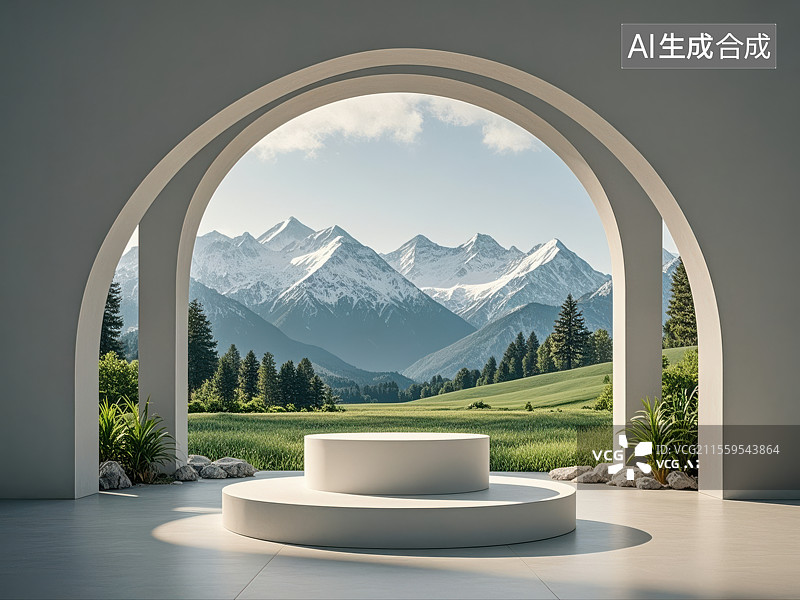 【AI数字艺术】景中雅台：拱窗框景的自然舞台图片素材