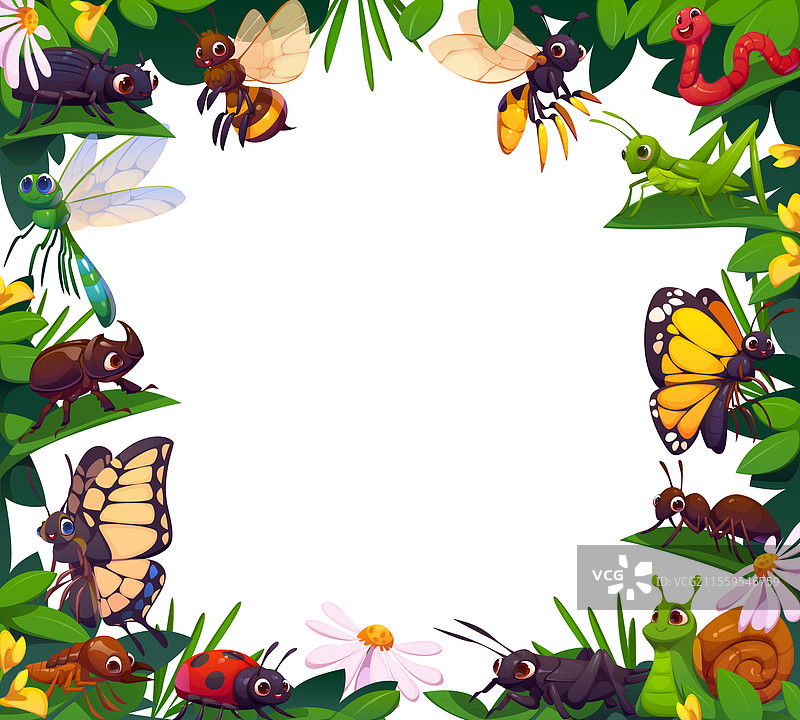 有趣的卡通昆虫和甲虫在花框中图片素材
