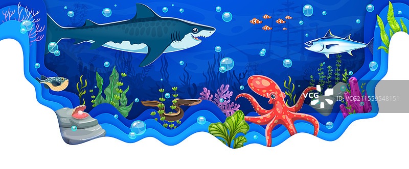 水下风景的剪纸艺术，包含海洋动物图片素材