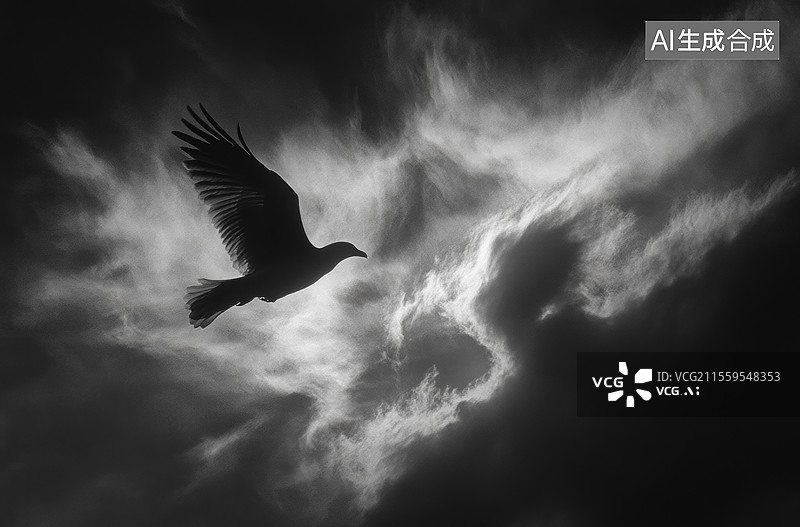 【AI数字艺术】一只海鸥在日落时分的天空中飞翔。背景是金色的夕阳和云彩，水面反射着阳光，整个画面充满了宁静与美丽。图片素材