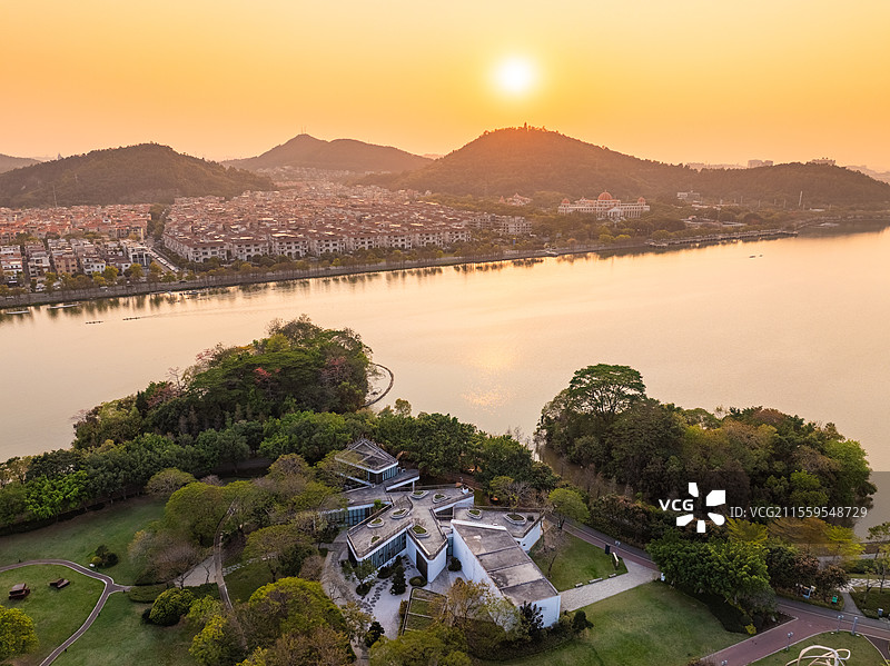 佛山市顺德区网红景点：顺峰山公园盒子美术馆、桂畔湖日落图片素材