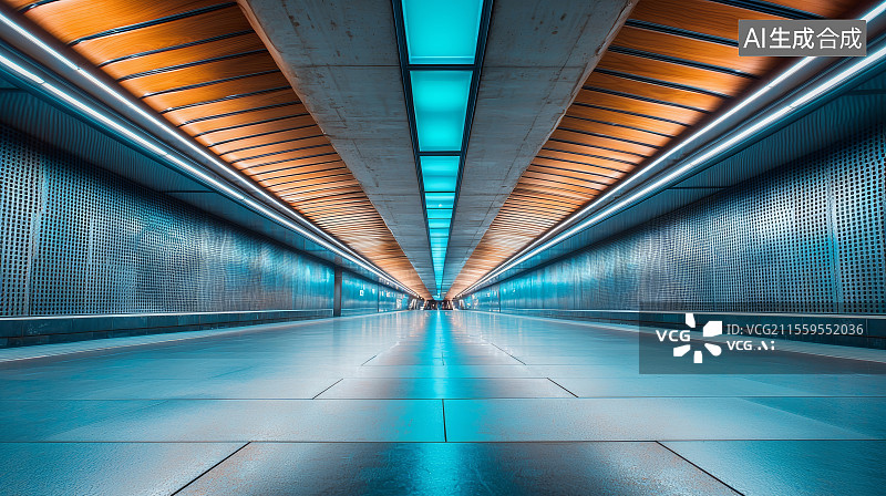 【AI数字艺术】未来感地下通道空间蓝橙撞色对称视角图片素材