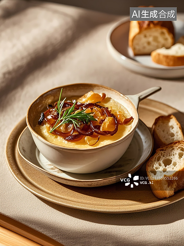 【AI数字艺术】法式洋葱汤美食特写图片素材