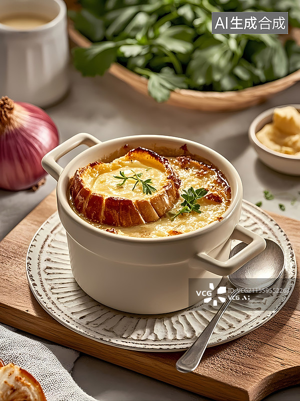 【AI数字艺术】法式洋葱汤美食特写图片素材