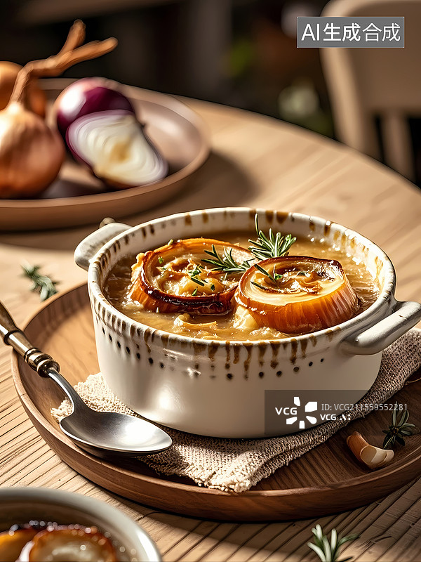 【AI数字艺术】法式洋葱汤美食特写图片素材