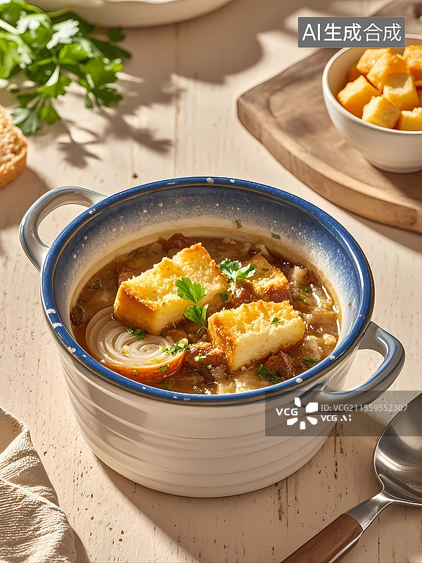 【AI数字艺术】法式洋葱汤美食特写图片素材