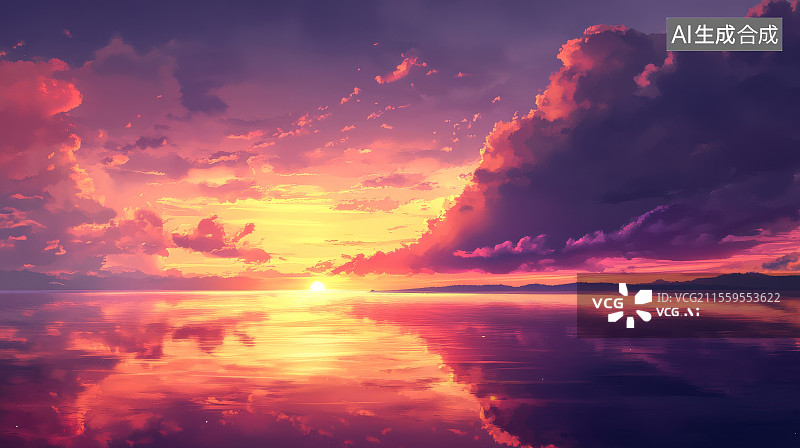 【AI数字艺术】火烧云下的金色海平线天空与海洋的炽烈对话图片素材