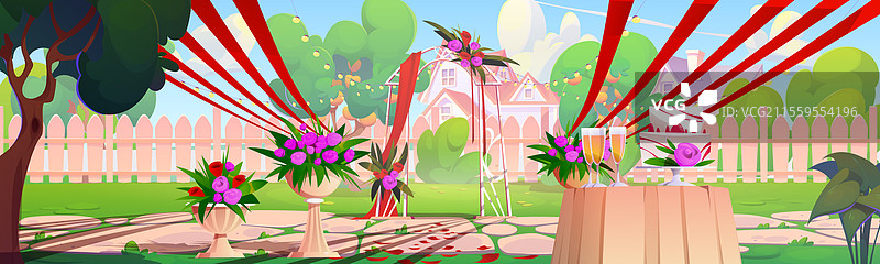 婚礼后院与围栏的卡通风景图片素材