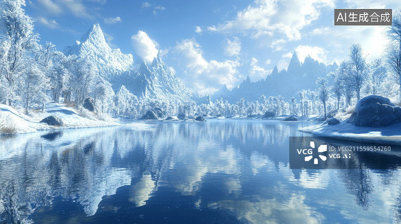 【AI数字艺术】冰川群山倒映在蔚蓝之海天空与雪的极地协奏图片素材