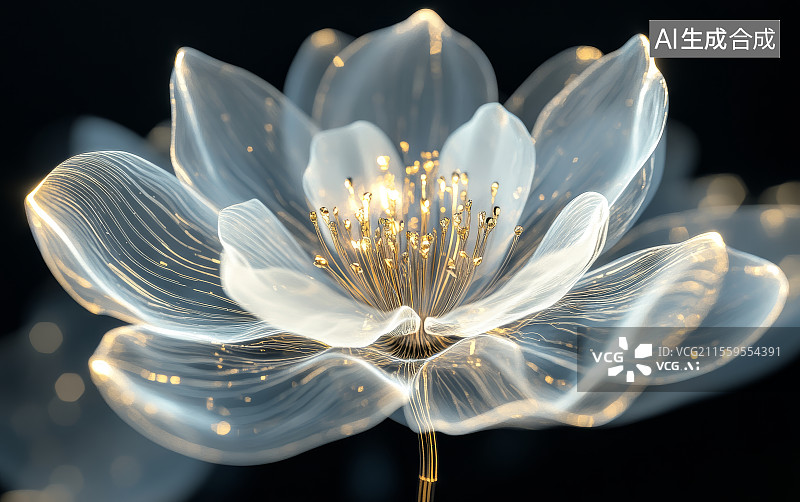 【AI数字艺术】黑色背景的透明金莲花图片素材