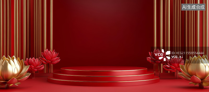 【AI数字艺术】红色背景的金饰展示台图片素材