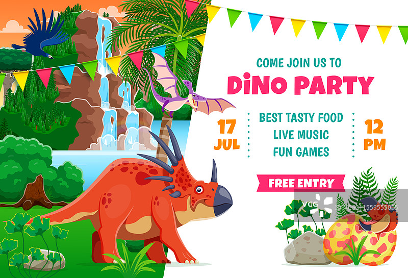 儿童派对传单，配有搞笑的史前恐龙图片素材