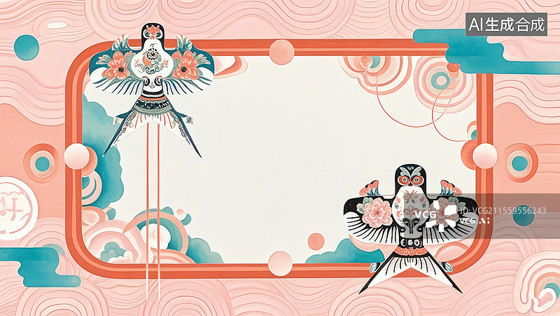【AI数字艺术】2D卡通最大-沙燕风筝-中国非遗传统文化国潮祥云古典纹样背景壁纸边框装饰设计艺术东方元素图片素材