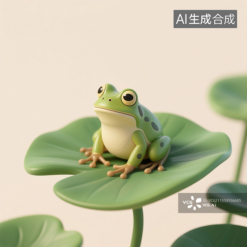 【AI数字艺术】3D渲染卡通动物，荷叶上的小青蛙，夏天，青蛙图片素材