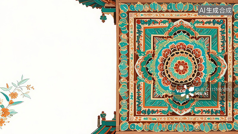【AI数字艺术】2D卡通居右-敦煌藻井-中国非遗传统文化国潮祥云古典纹样背景壁纸边框装饰设计艺术东方元素图片素材