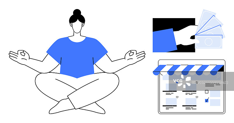 在网上商店旁边冥想的人图片素材