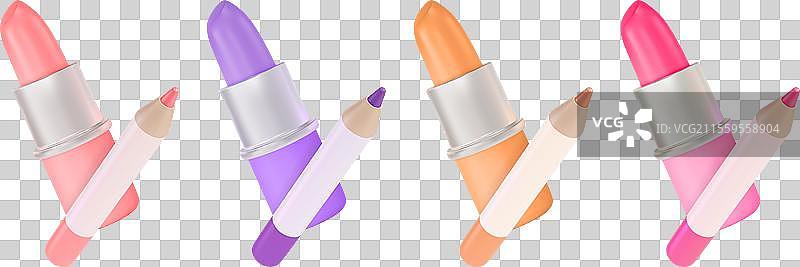 3D不同颜色的口红和唇线笔套装图片素材