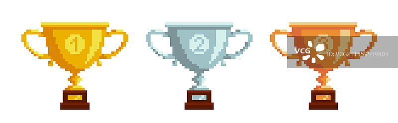 像素风格的金、银、铜奖杯图片素材
