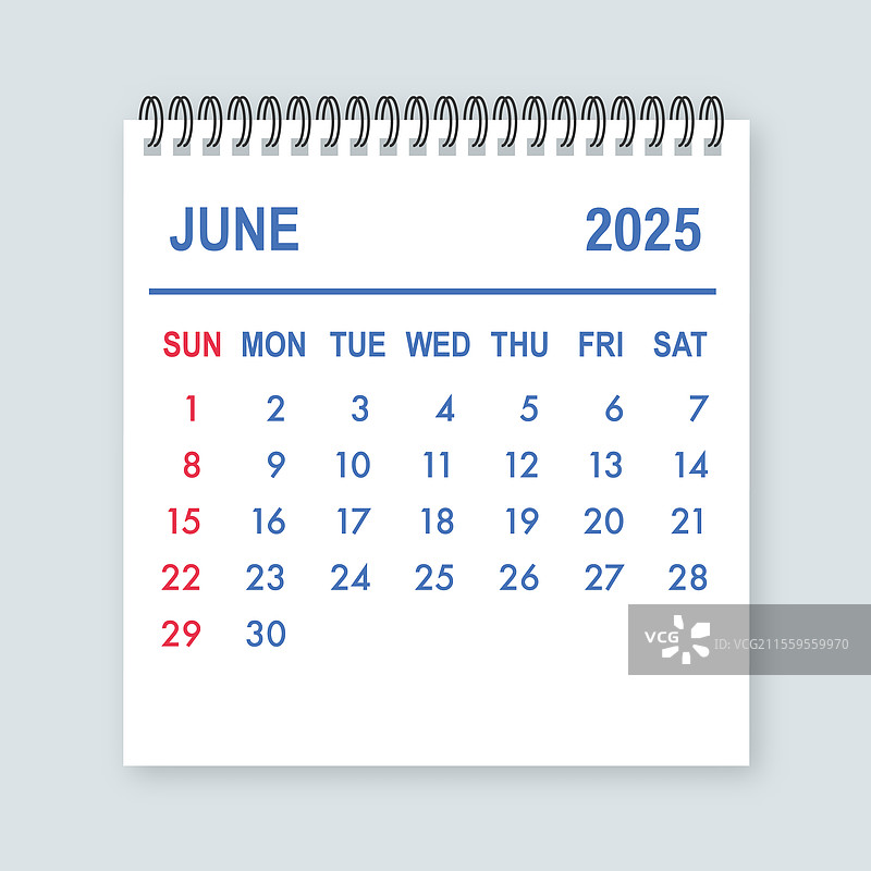 2025年6月的日历页面，显示天数和周数图片素材