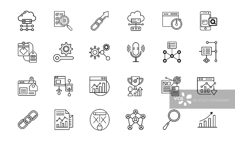 搜索引擎优化图标，带有搜索栏和分析功能图片素材